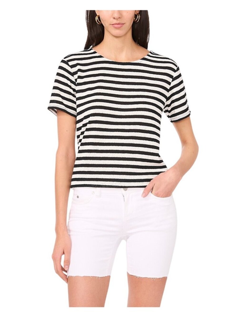 NWT Vince Camuto Black New Ivory Striped Crewneck Tee S MSRP $89